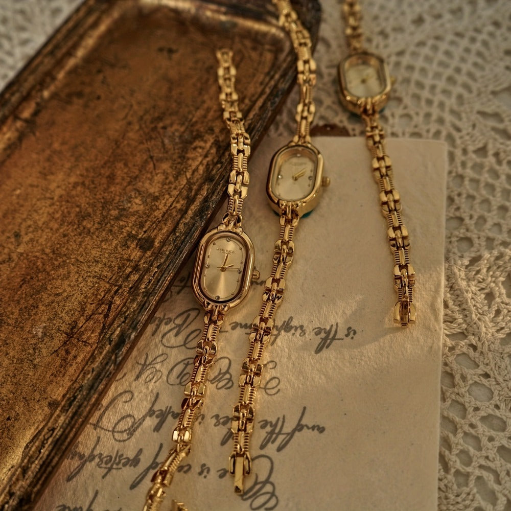 Women's Quartz Watch - 's Vintage Luxury Bracelet Rhinestone Oval Case Japanese Movement Gold - product detail view 3