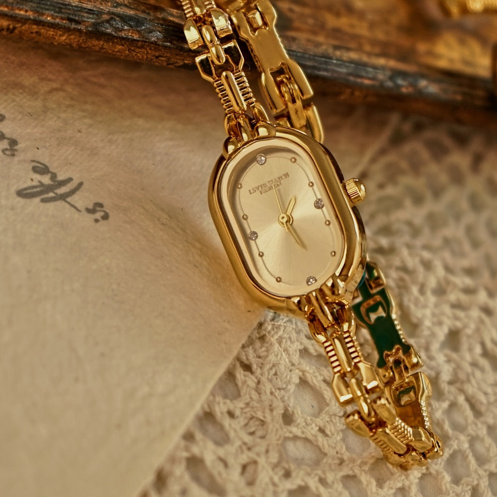 Women's Quartz Watch - 's Vintage Luxury Bracelet Rhinestone Oval Case Japanese Movement Gold - product detail view 9