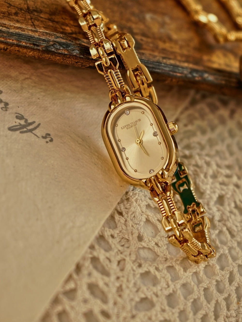 Women's Quartz Watch - 's Vintage Luxury Bracelet Rhinestone Oval Case Japanese Movement Gold - product detail view 15