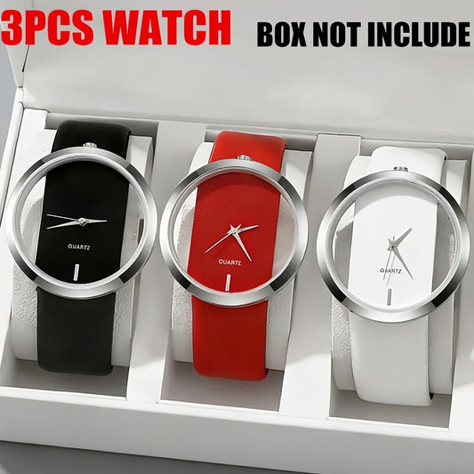 Women's Quartz Watch - 's Watches Set 3pcs, Transparent Dial Ladies Fashion PU Leather Strap - main product view