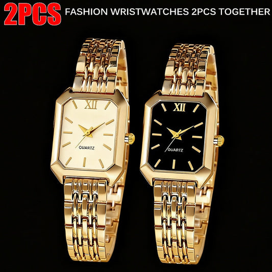 Women's Quartz Watch - Set 2pcs Elegant Golden Tone Stainless Steel Analog Wristwatch Rectangular - main product view