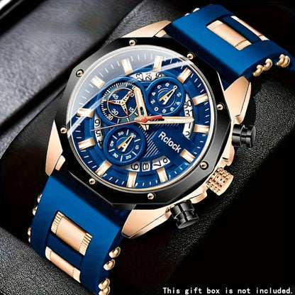 Men's Quartz Watch - Sport Chronograph for Vintage Large Round Dial Silicone Strap Calendar - product detail view 4