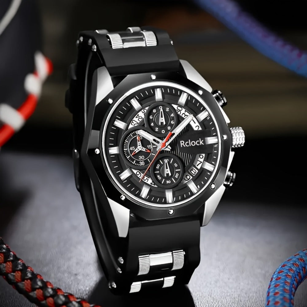 Men's Quartz Watch - Sport Chronograph for Vintage Large Round Dial Silicone Strap Calendar - product detail view 11