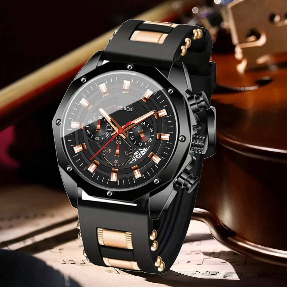 Men's Quartz Watch - Sport Chronograph for Vintage Large Round Dial Silicone Strap Calendar - product detail view 12
