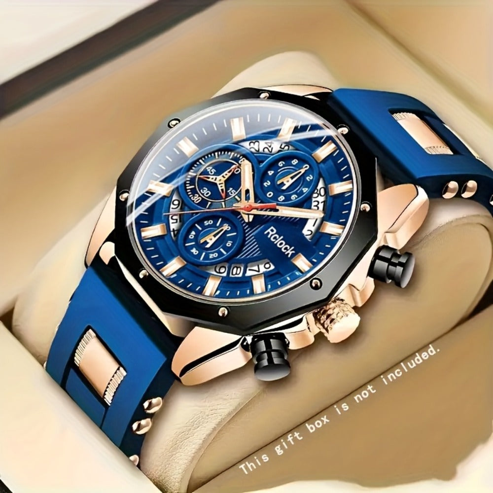 Men's Quartz Watch - Sport Chronograph for Vintage Large Round Dial Silicone Strap Calendar - product detail view 17