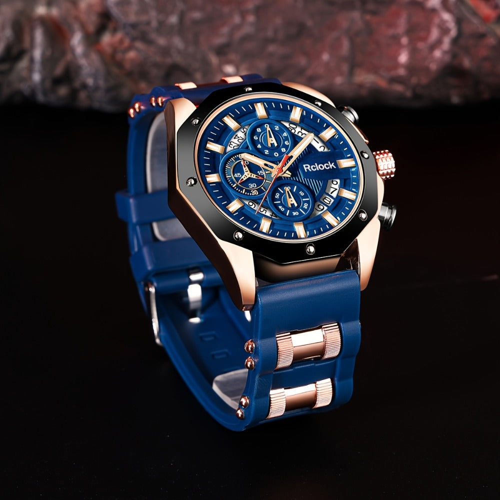 Men's Quartz Watch - Sport Chronograph for Vintage Large Round Dial Silicone Strap Calendar - product detail view 19