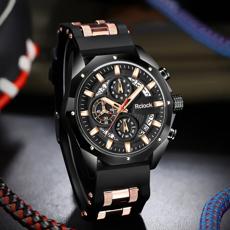 Men's Quartz Watch - Sport Chronograph for Vintage Large Round Dial Silicone Strap Calendar - product detail view 23