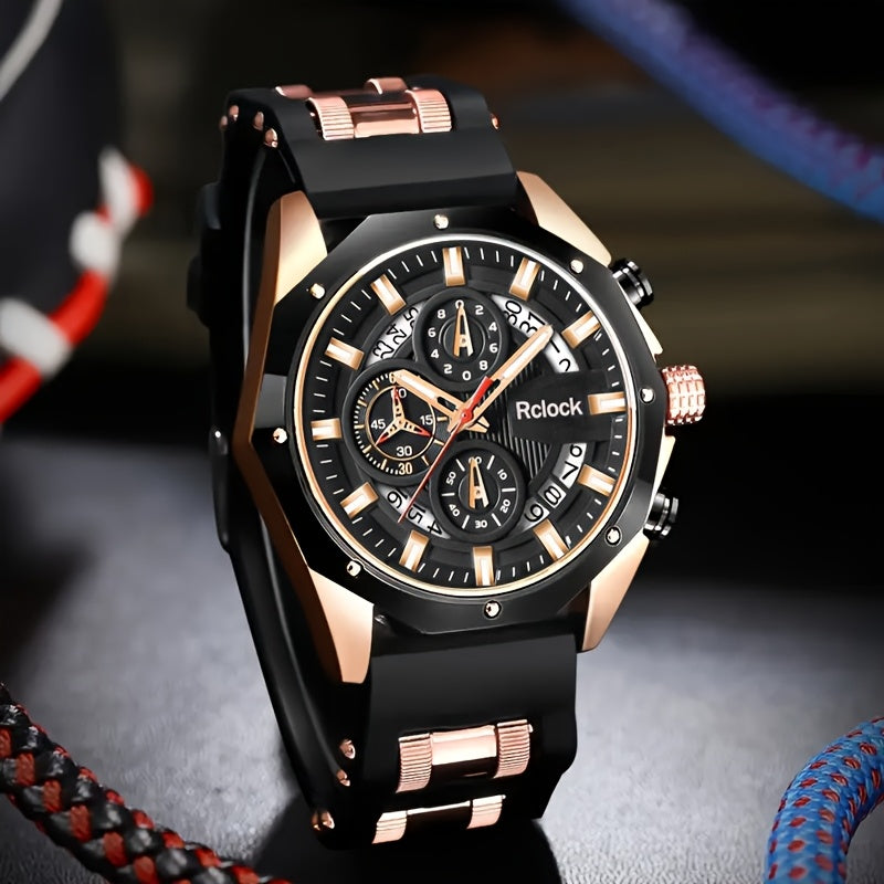 Men's Quartz Watch - Sport Chronograph for Vintage Large Round Dial Silicone Strap Calendar - product detail view 25