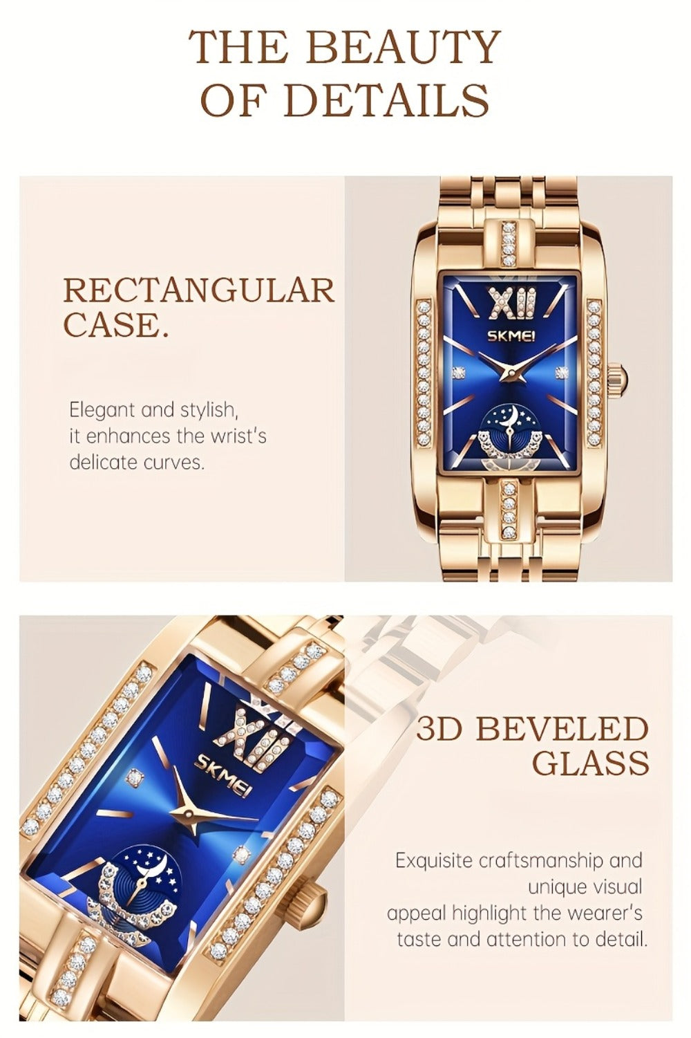 Women's Quartz Watch - Square for Star Dial Stainless Steel Bracelet Analog Wristwatch Elegant - product detail view 14