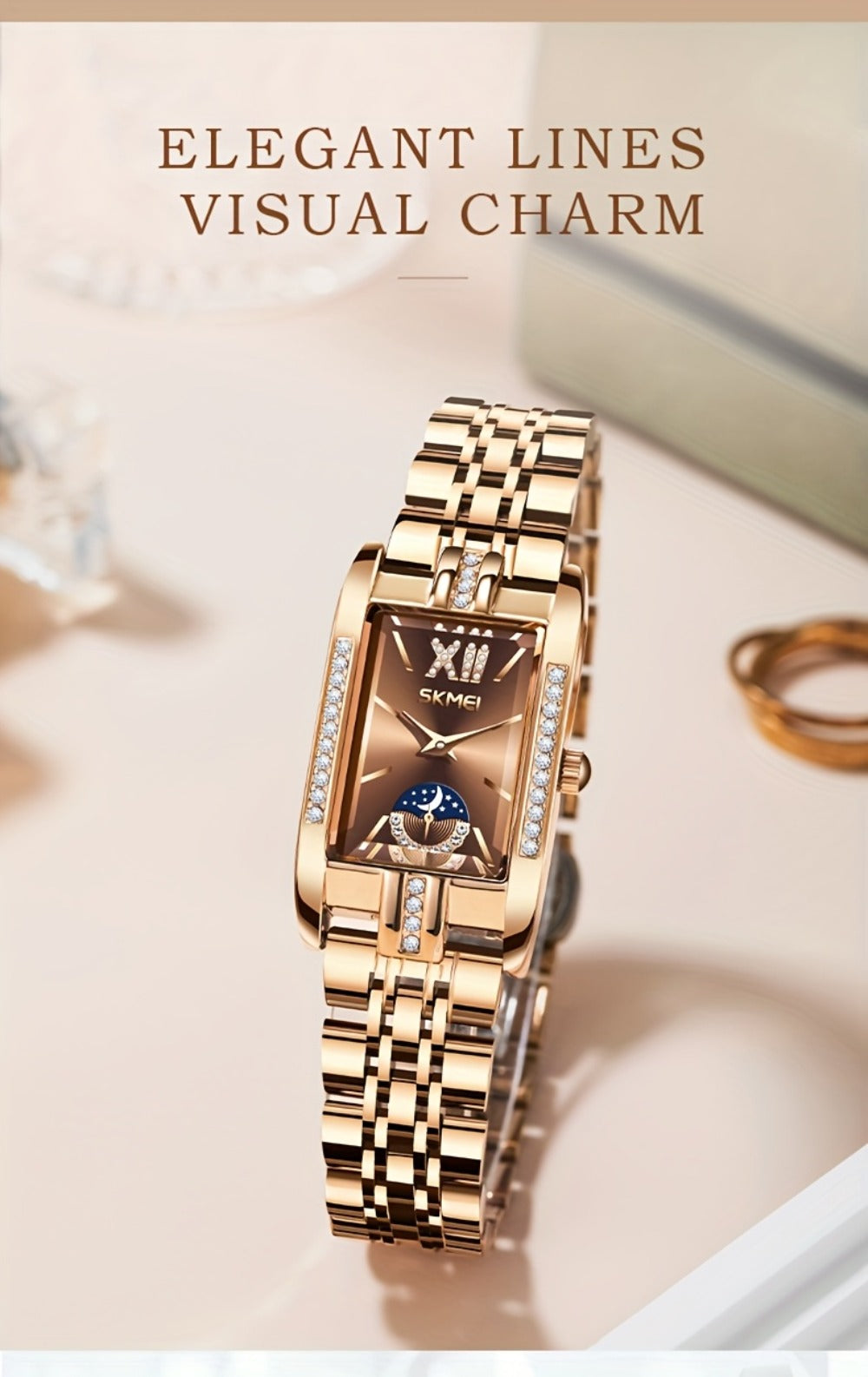 Women's Quartz Watch - Square for Star Dial Stainless Steel Bracelet Analog Wristwatch Elegant - product detail view 17