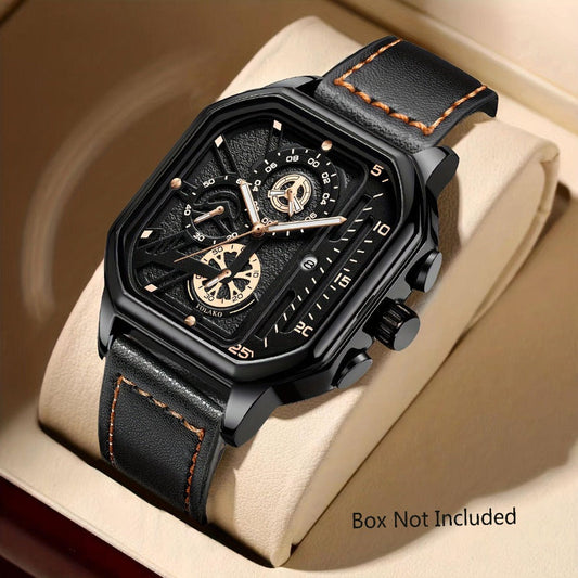 Men's Quartz Watch - Square for Vintage Faux Leather Strap Analog Wristwatch Polygon Dial - main product view