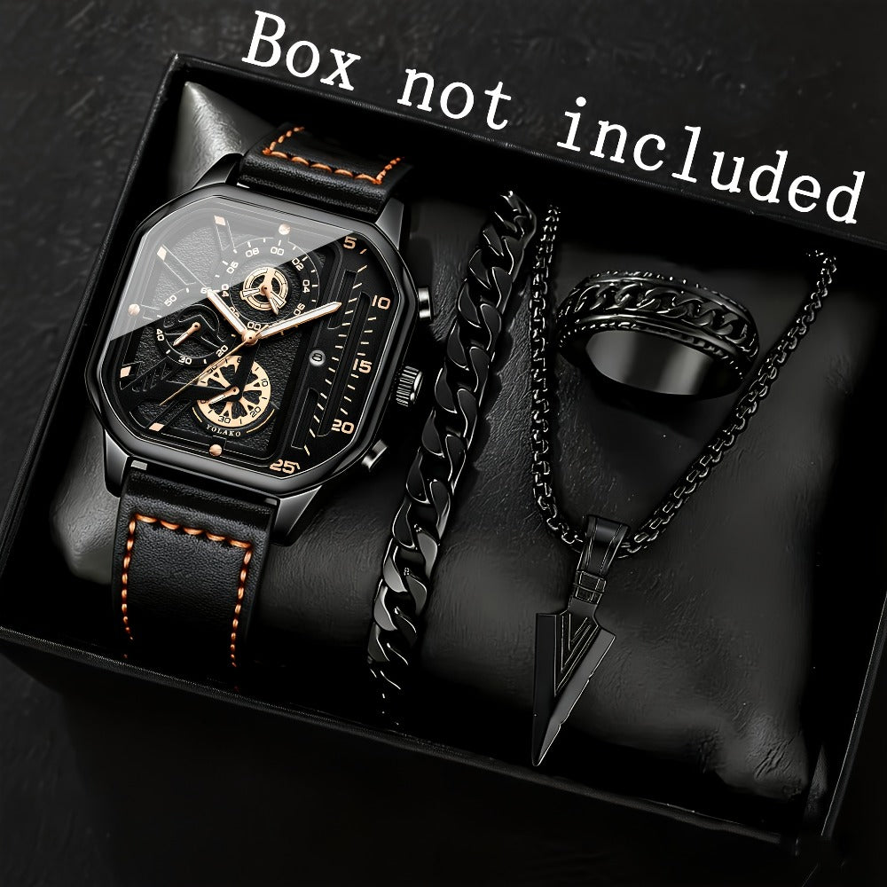 Men's Quartz Watch - Square for Vintage Faux Leather Strap Analog Wristwatch Polygon Dial - product detail view 2