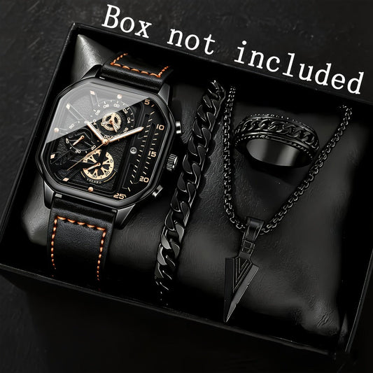 Men's Quartz Watch - Square for Vintage Faux Leather Strap Analog Wristwatch Polygon Dial - product detail view 2