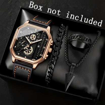 Men's Quartz Watch - Square for Vintage Faux Leather Strap Analog Wristwatch Polygon Dial - product detail view 3