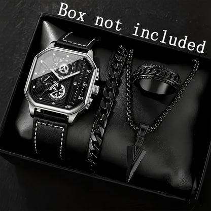 Men's Quartz Watch - Square for Vintage Faux Leather Strap Analog Wristwatch Polygon Dial - product detail view 5