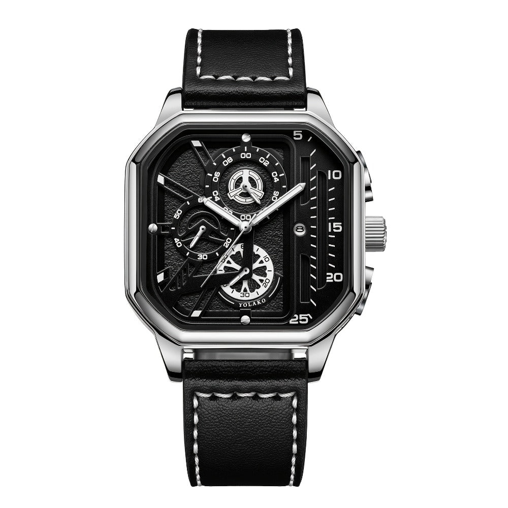 Men's Quartz Watch - Square for Vintage Faux Leather Strap Analog Wristwatch Polygon Dial - product detail view 6