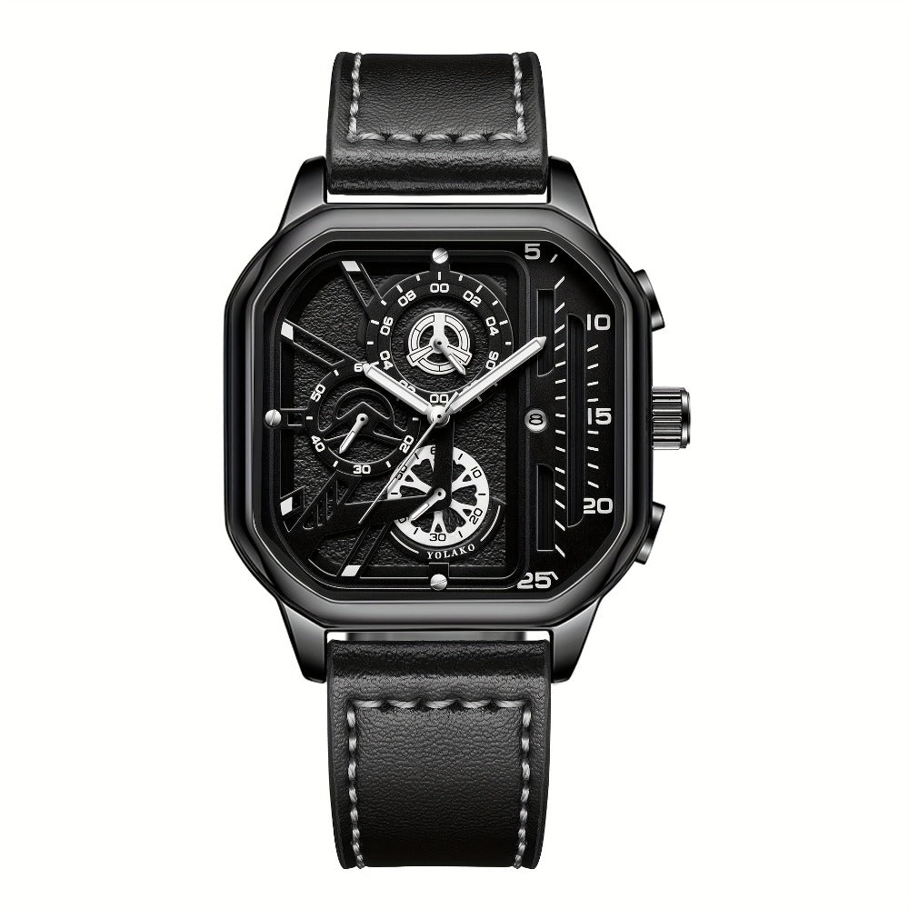 Men's Quartz Watch - Square for Vintage Faux Leather Strap Analog Wristwatch Polygon Dial - product detail view 8