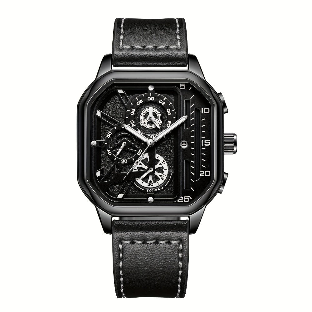 Men's Quartz Watch - Square for Vintage Faux Leather Strap Analog Wristwatch Polygon Dial - product detail view 11