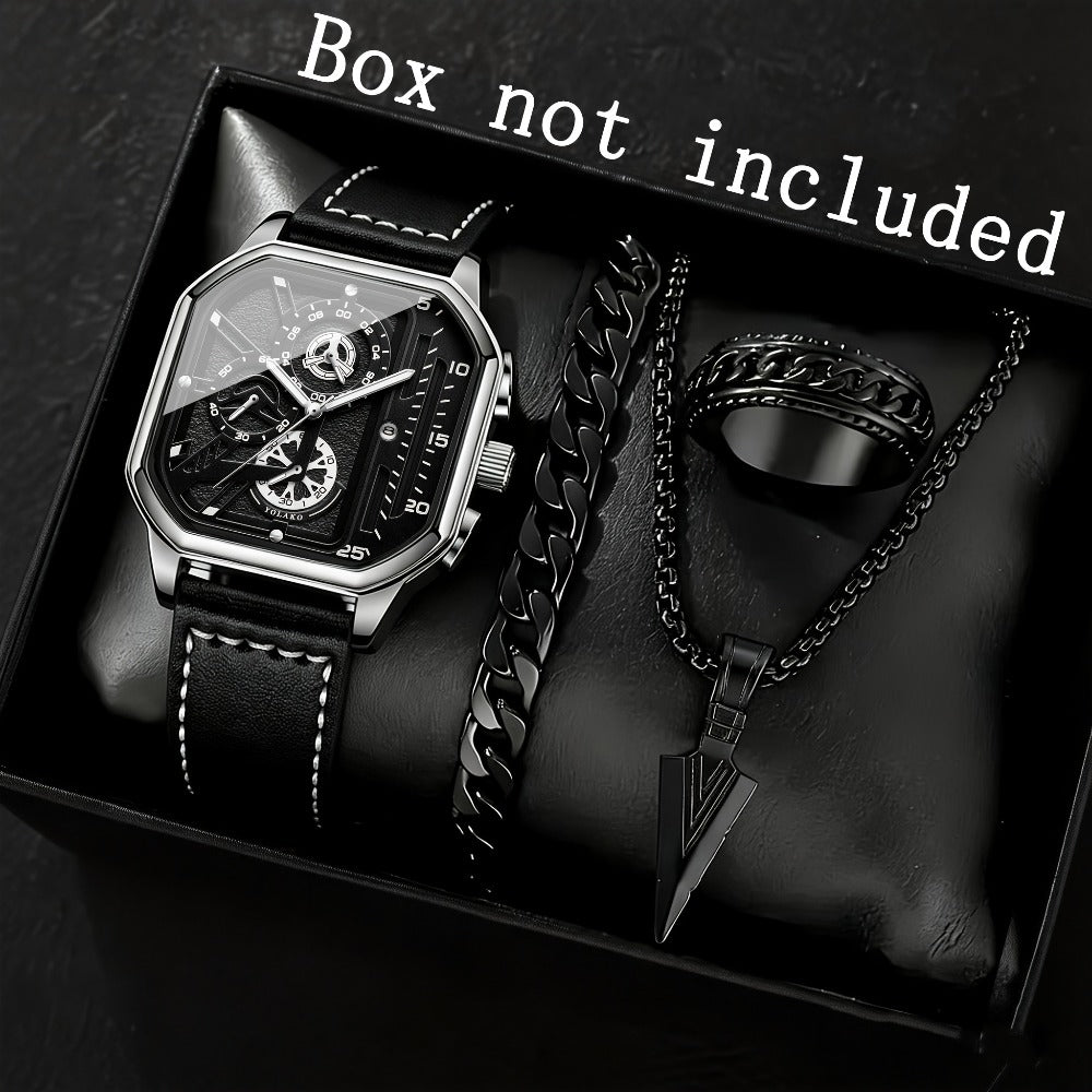 Men's Quartz Watch - Square for Vintage Faux Leather Strap Analog Wristwatch Polygon Dial - product detail view 12