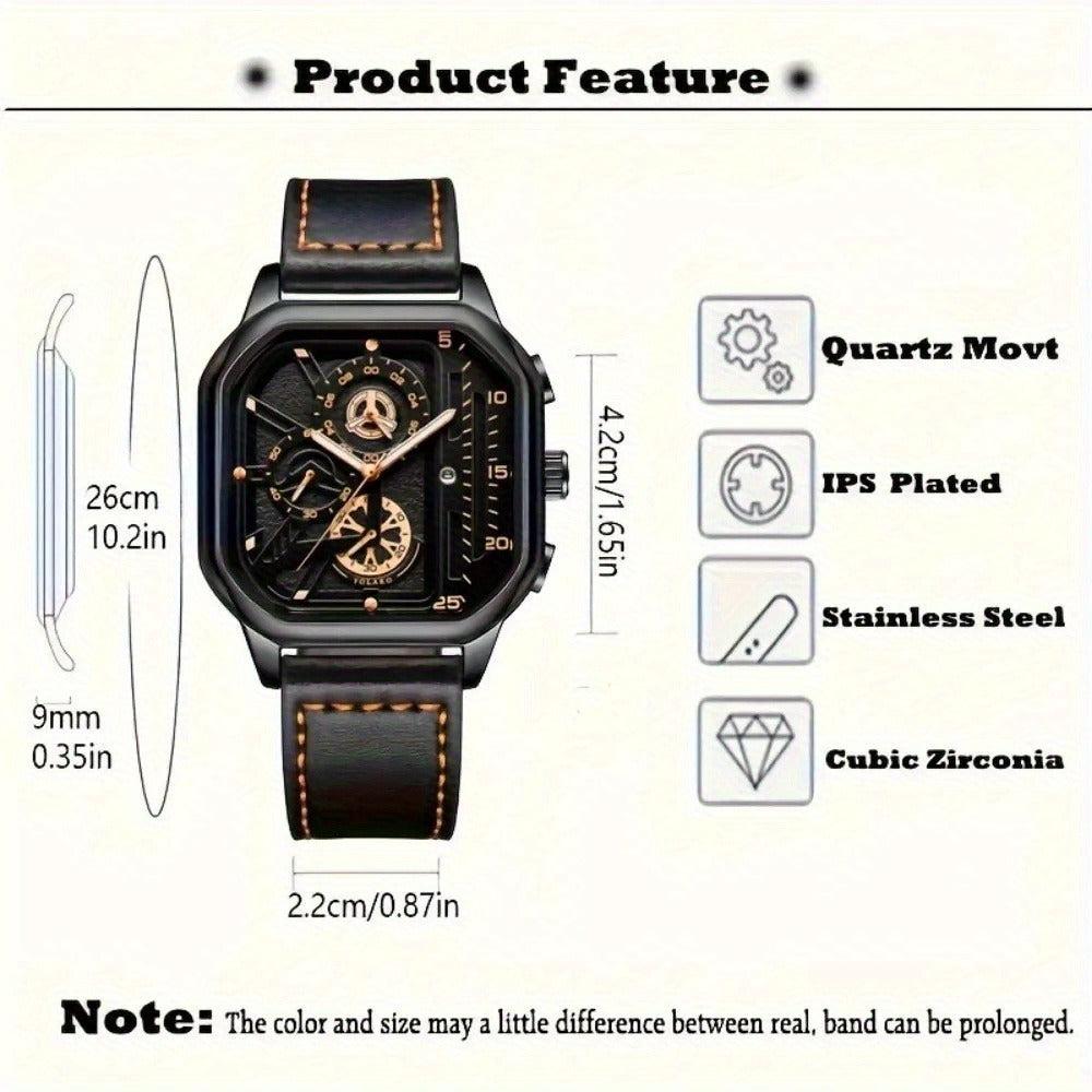 Men's Quartz Watch - Square for Vintage Faux Leather Strap Analog Wristwatch Polygon Dial - product detail view 13
