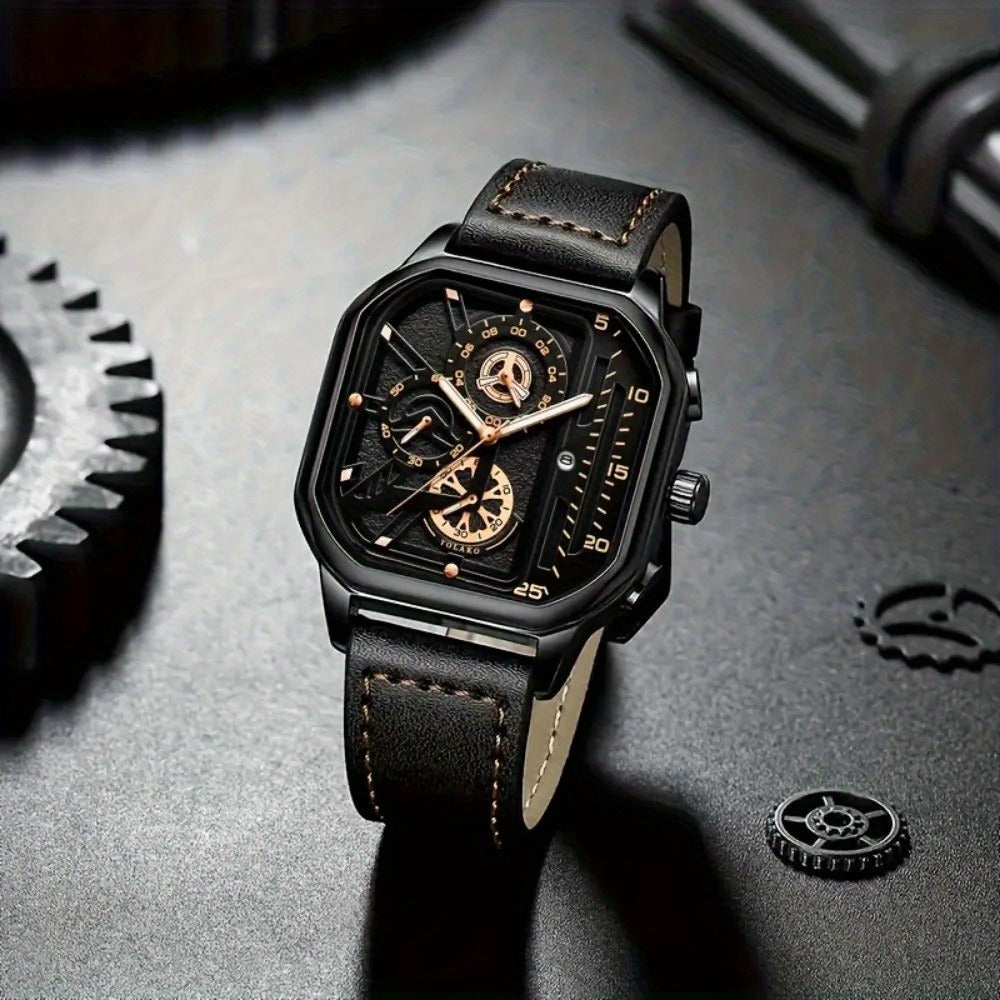 Men's Quartz Watch - Square for Vintage Faux Leather Strap Analog Wristwatch Polygon Dial - product detail view 15