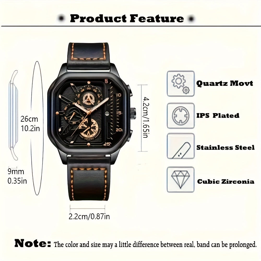 Men's Quartz Watch - Square for Vintage Faux Leather Strap Analog Wristwatch Polygon Dial - product detail view 18