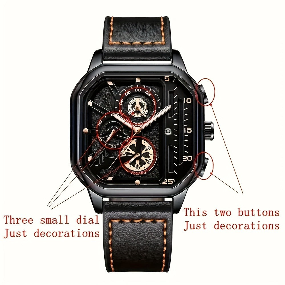 Men's Quartz Watch - Square for Vintage Faux Leather Strap Analog Wristwatch Polygon Dial - product detail view 19