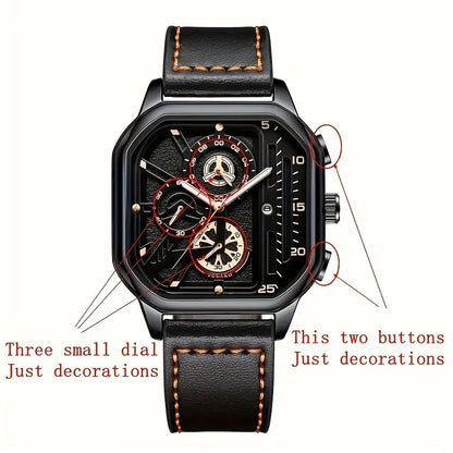 Men's Quartz Watch - Square for Vintage Faux Leather Strap Analog Wristwatch Polygon Dial - product detail view 19