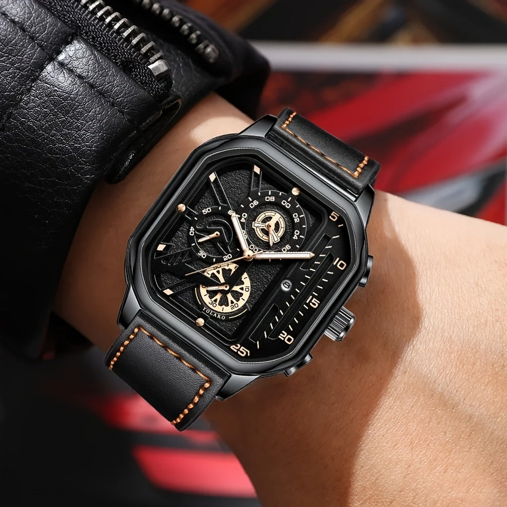 Men's Quartz Watch - Square for Vintage Faux Leather Strap Analog Wristwatch Polygon Dial - product detail view 20