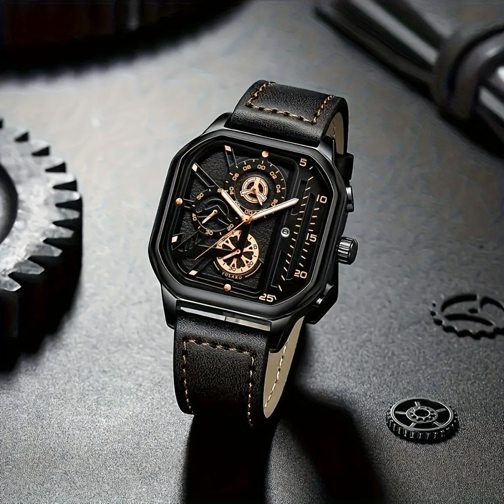 Men's Quartz Watch - Square for Vintage Faux Leather Strap Analog Wristwatch Polygon Dial - product detail view 21
