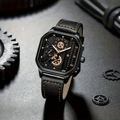 Men's Quartz Watch - Square for Vintage Faux Leather Strap Analog Wristwatch Polygon Dial - product detail view 21