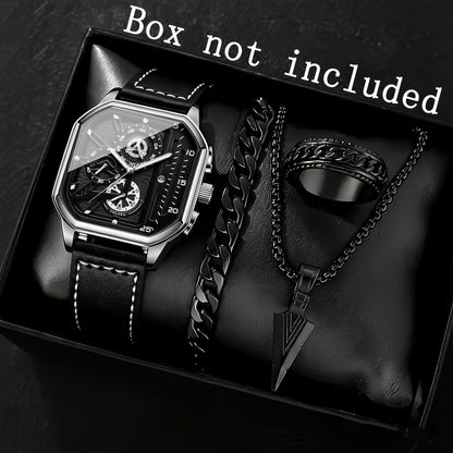 Men's Quartz Watch - Square for Vintage Faux Leather Strap Analog Wristwatch Polygon Dial - product detail view 34