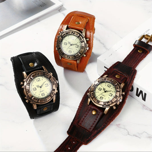 Men's Quartz Watch - Steampunk Vintage Wide Leather Strap Analog Wristwatch for Women Biker - main product view