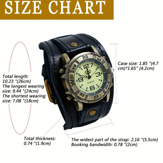 Men's Quartz Watch - Steampunk Vintage Wide Leather Strap Analog Wristwatch for Women Biker - product detail view 2