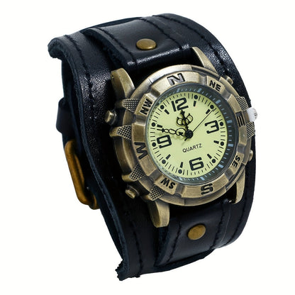 Men's Quartz Watch - Steampunk Vintage Wide Leather Strap Analog Wristwatch for Women Biker - product detail view 3