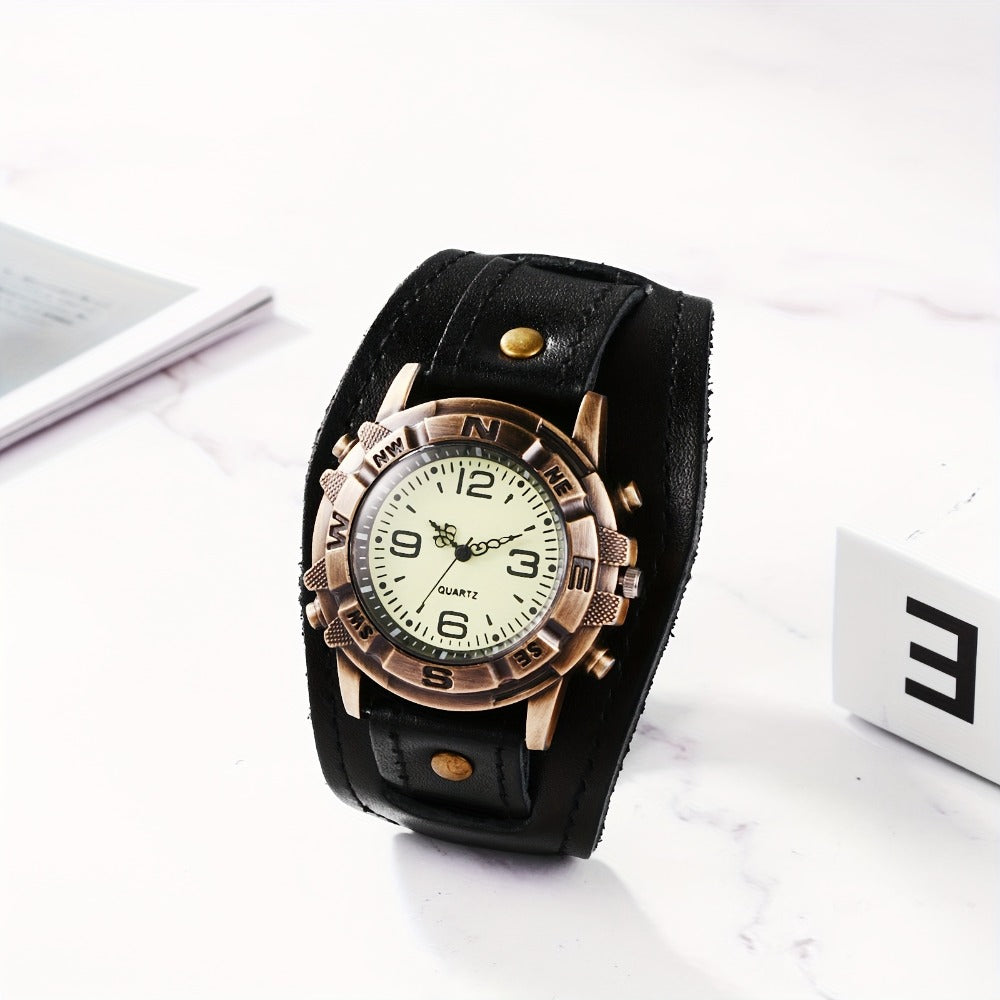 Men's Quartz Watch - Steampunk Vintage Wide Leather Strap Analog Wristwatch for Women Biker - product detail view 4
