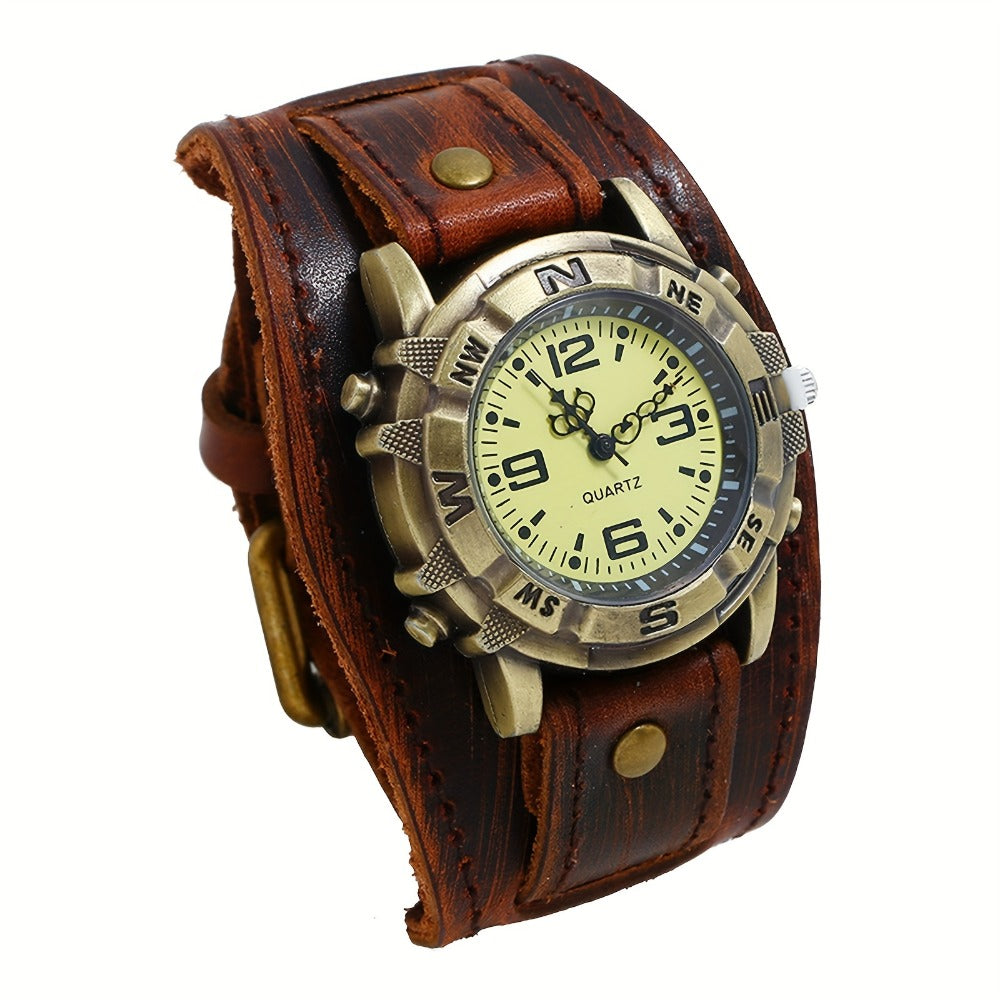 Men's Quartz Watch - Steampunk Vintage Wide Leather Strap Analog Wristwatch for Women Biker - product detail view 7