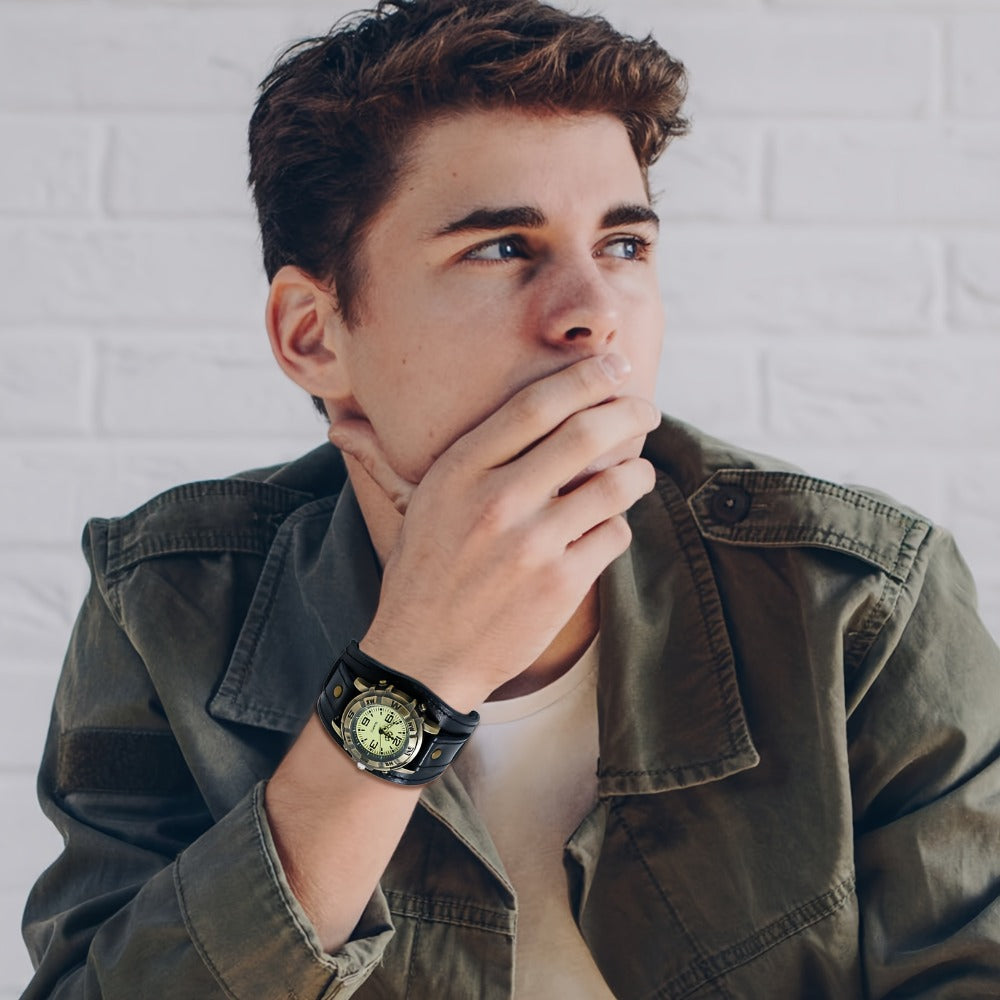 Men's Quartz Watch - Steampunk Vintage Wide Leather Strap Analog Wristwatch for Women Biker - product detail view 8