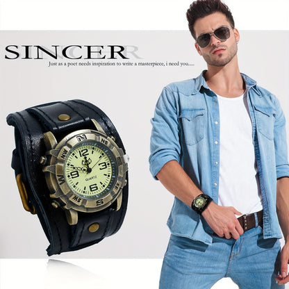 Men's Quartz Watch - Steampunk Vintage Wide Leather Strap Analog Wristwatch for Women Biker - product detail view 10