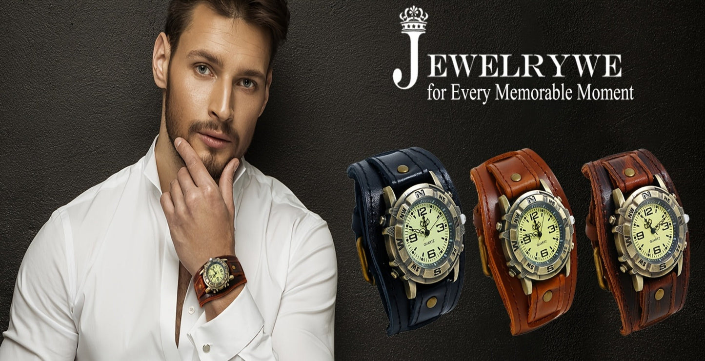 Men's Quartz Watch - Steampunk Vintage Wide Leather Strap Analog Wristwatch for Women Biker - product detail view 12