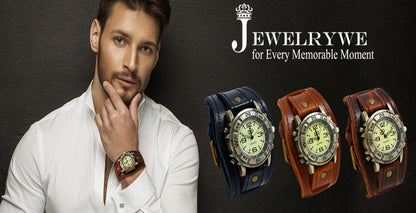 Men's Quartz Watch - Steampunk Vintage Wide Leather Strap Analog Wristwatch for Women Biker - product detail view 12