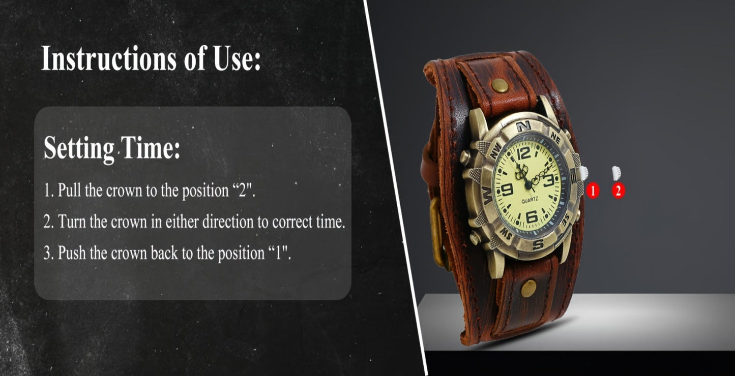 Men's Quartz Watch - Steampunk Vintage Wide Leather Strap Analog Wristwatch for Women Biker - product detail view 15