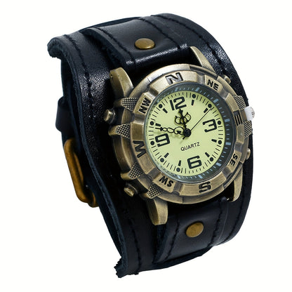 Men's Quartz Watch - Steampunk Vintage Wide Leather Strap Analog Wristwatch for Women Biker - product detail view 18