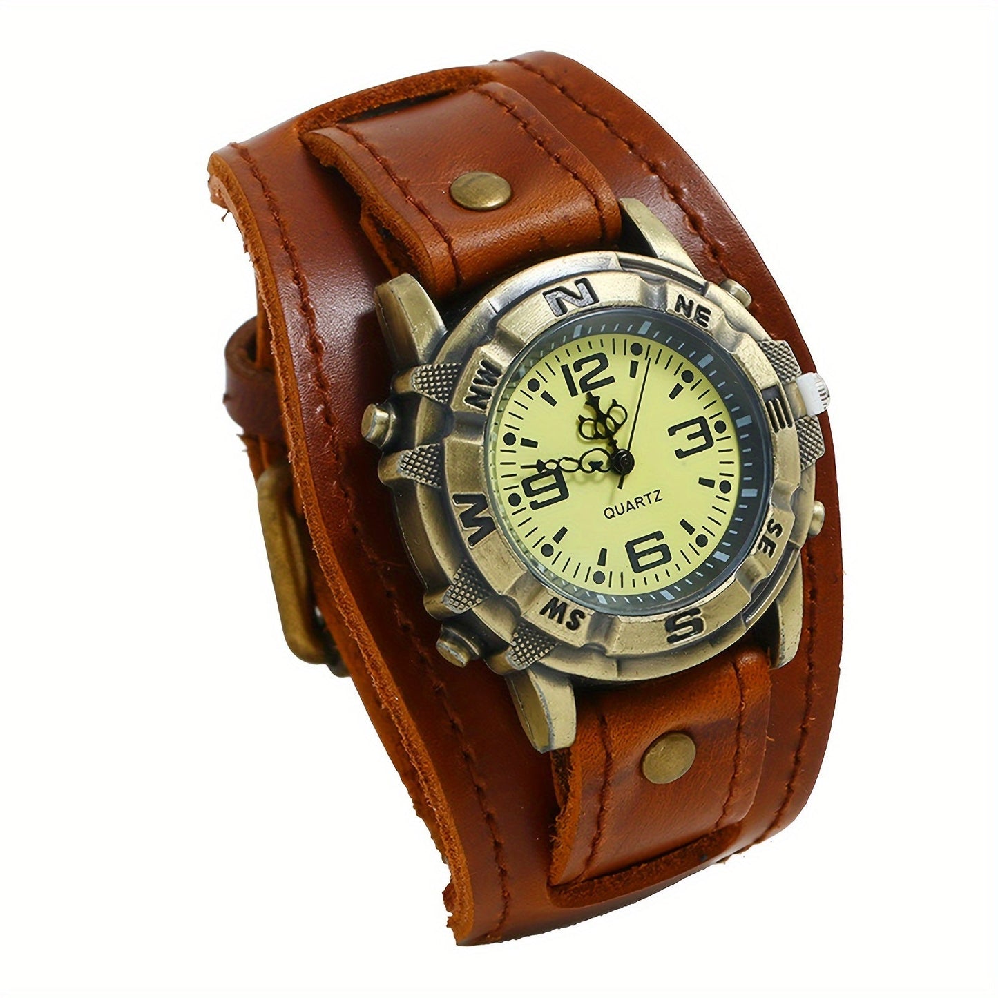 Men's Quartz Watch - Steampunk Vintage Wide Leather Strap Analog Wristwatch for Women Biker - product detail view 19