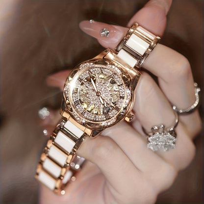 Women's Quartz Watch - Sunflower Rose Gold Ceramic Stainless Steel Two-Tone Band Waterproof - product detail view 2