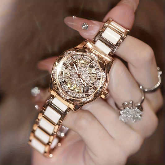 Women's Quartz Watch - Sunflower Rose Gold Ceramic Stainless Steel Two-Tone Band Waterproof - product detail view 2