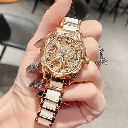 Women's Quartz Watch - Sunflower Rose Gold Ceramic Stainless Steel Two-Tone Band Waterproof - product detail view 4