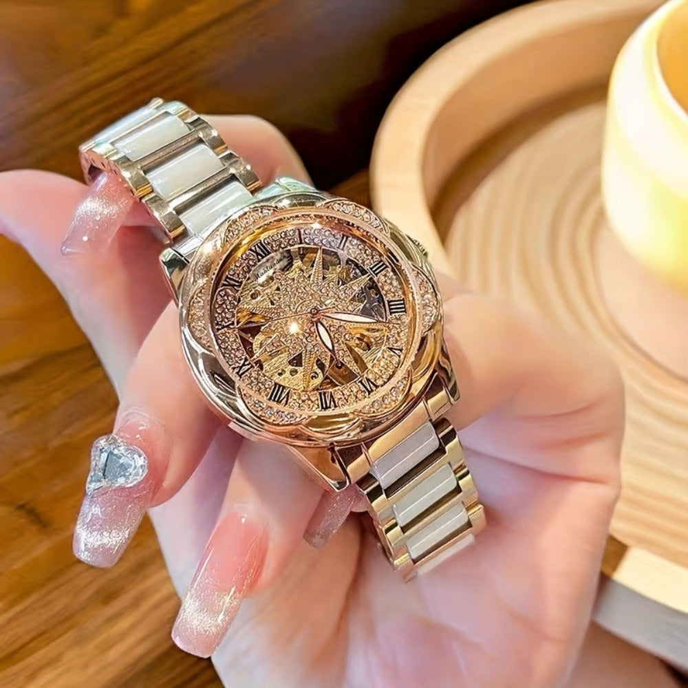 Women's Quartz Watch - Sunflower Rose Gold Ceramic Stainless Steel Two-Tone Band Waterproof - product detail view 5