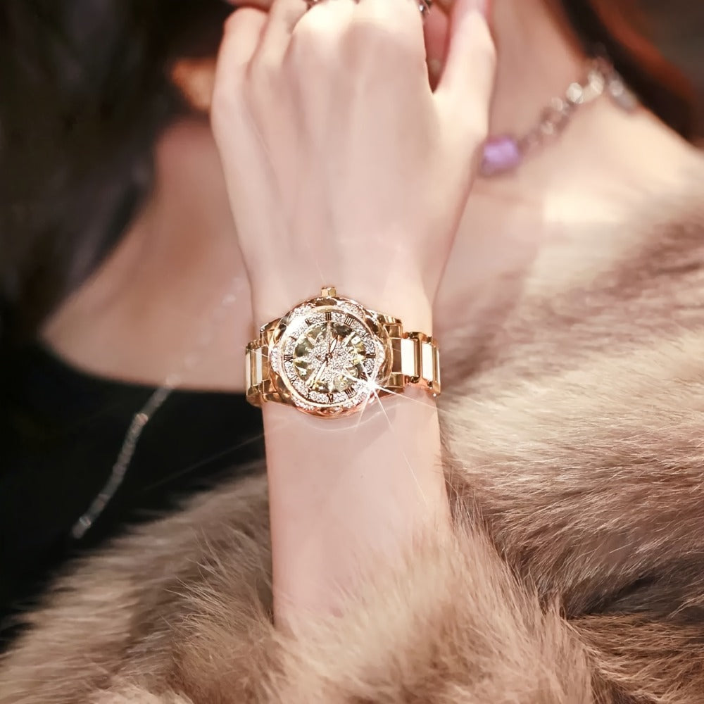 Women's Quartz Watch - Sunflower Rose Gold Ceramic Stainless Steel Two-Tone Band Waterproof - product detail view 6