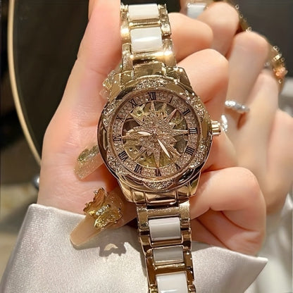 Women's Quartz Watch - Sunflower Rose Gold Ceramic Stainless Steel Two-Tone Band Waterproof - product detail view 10